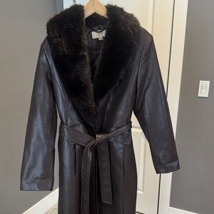 Michael Kors Dark Brown Faux Leather Coat with Faux Fur Trim